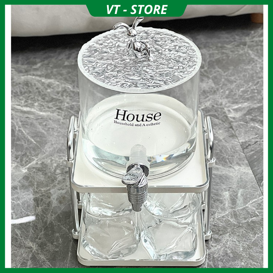 Bộ bình nước thủy tinh kèm cốc và kệ chịu nhiệt độ cao, bình nước thủy tinh pha trà nước trái cây
