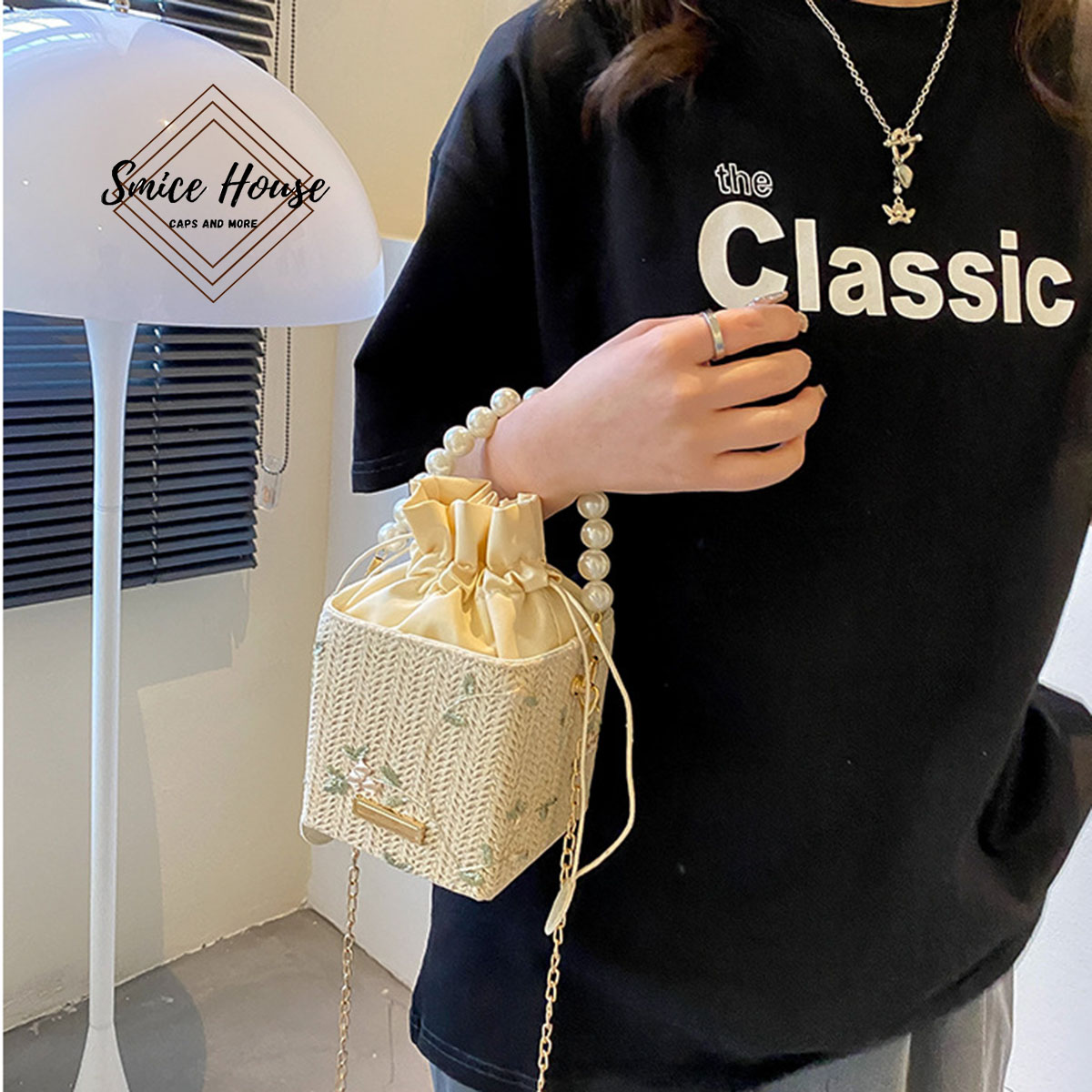 Túi cói đeo chéo form hộp đính cườm phối da đi biển đi chơi mùa hè/ túi nữ đeo vai phong cách Hàn