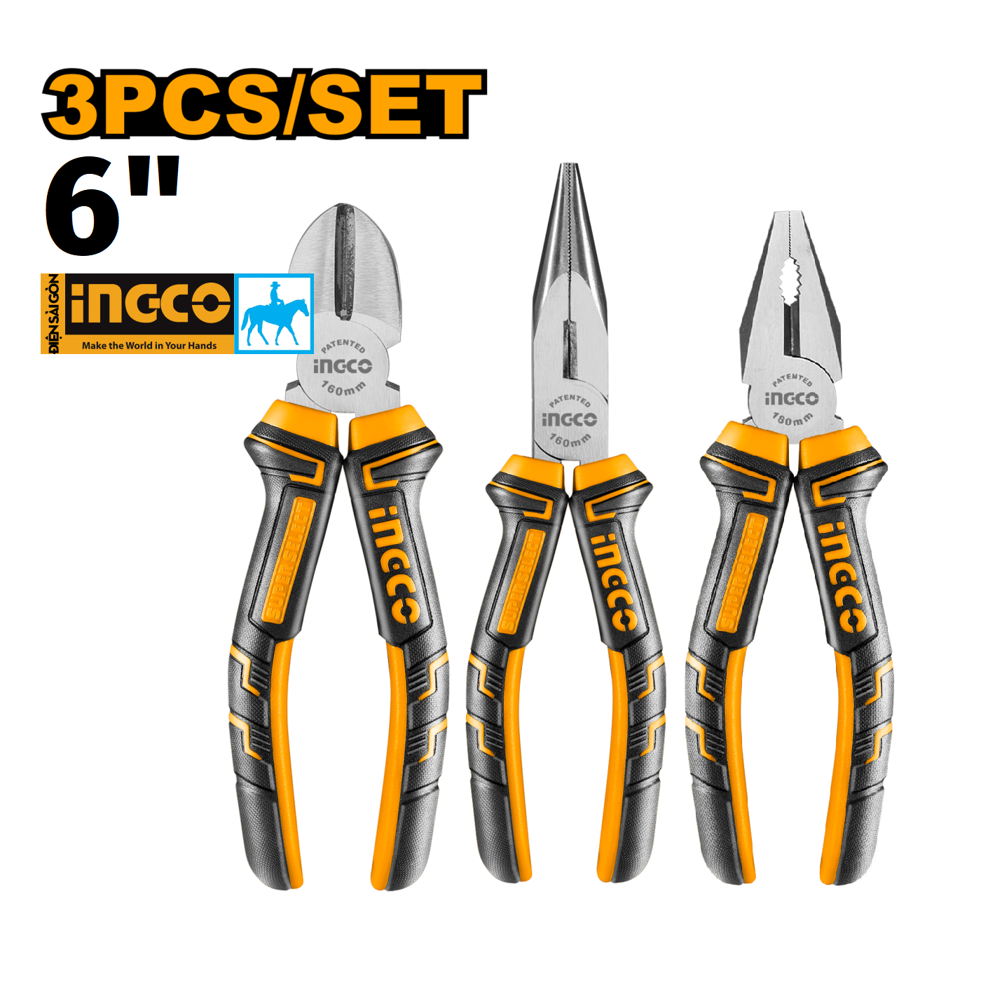 Bộ 3 kìm kềm răng cắt nhọn 6inch Pliers INGCO