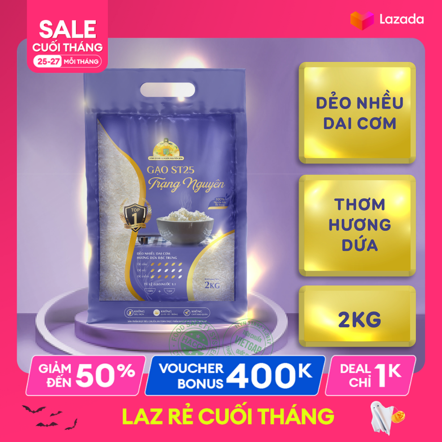 Gạo st25 trạng nguyên 2kg – dẻo nhiều, dai cơm, thơm dứa - chuẩn haccp, vietgap