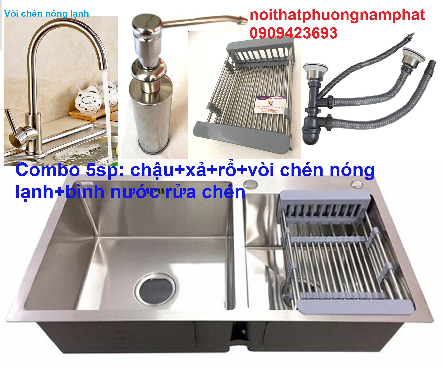 [HCM][CHẬU ĐÚC] Combo Chậu Rửa Chén Bát INOX 304 N7 8245 NA.GRAND và Xả Chậu và Rổ Rút Đa Năng và Vòi Rửa Chén Nóng Lạnh và Bình nước Rửa Chén