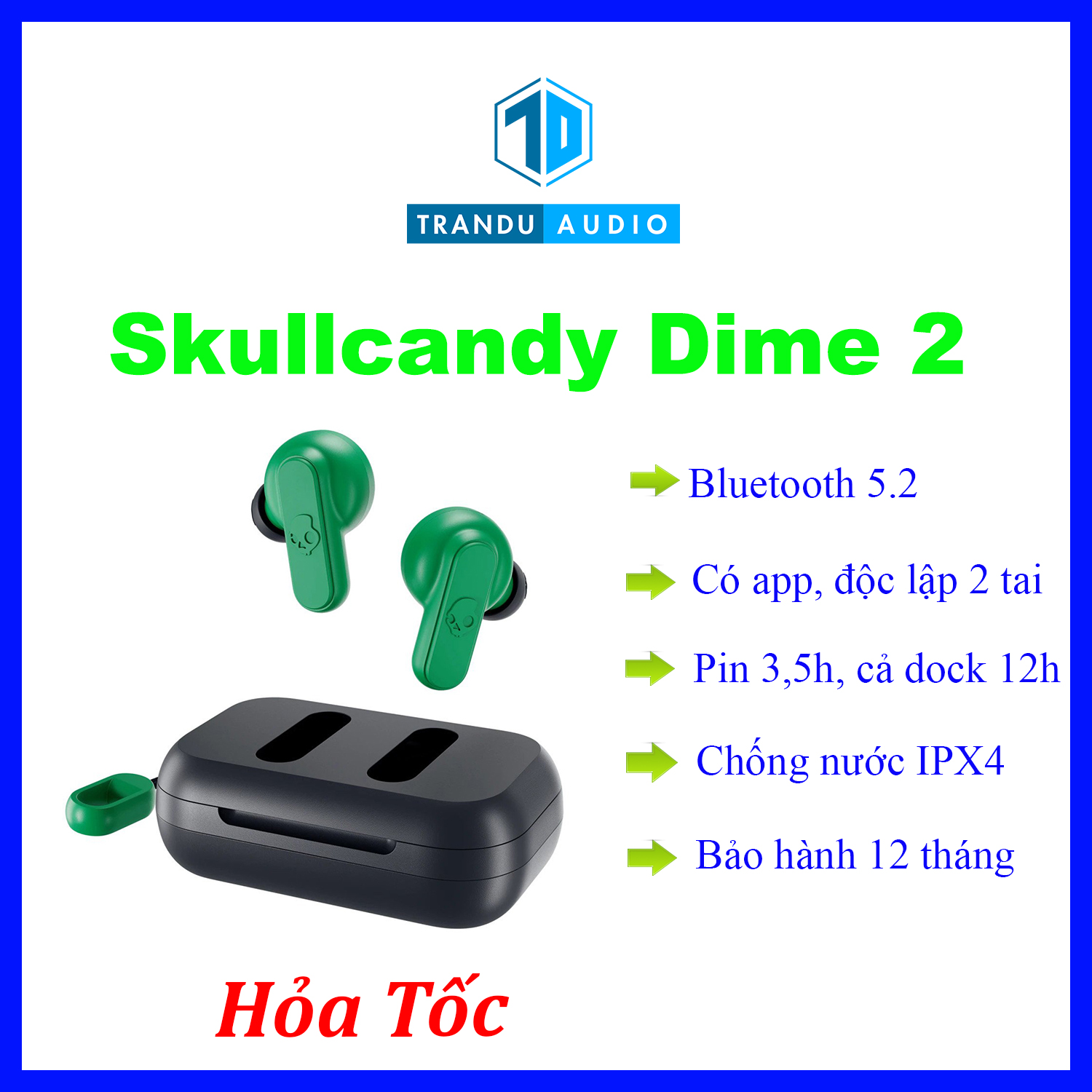 Tai nghe true wireless skullcandy dime 2, new seal, chính hãng, bảo hành 12 tháng | trần du audio