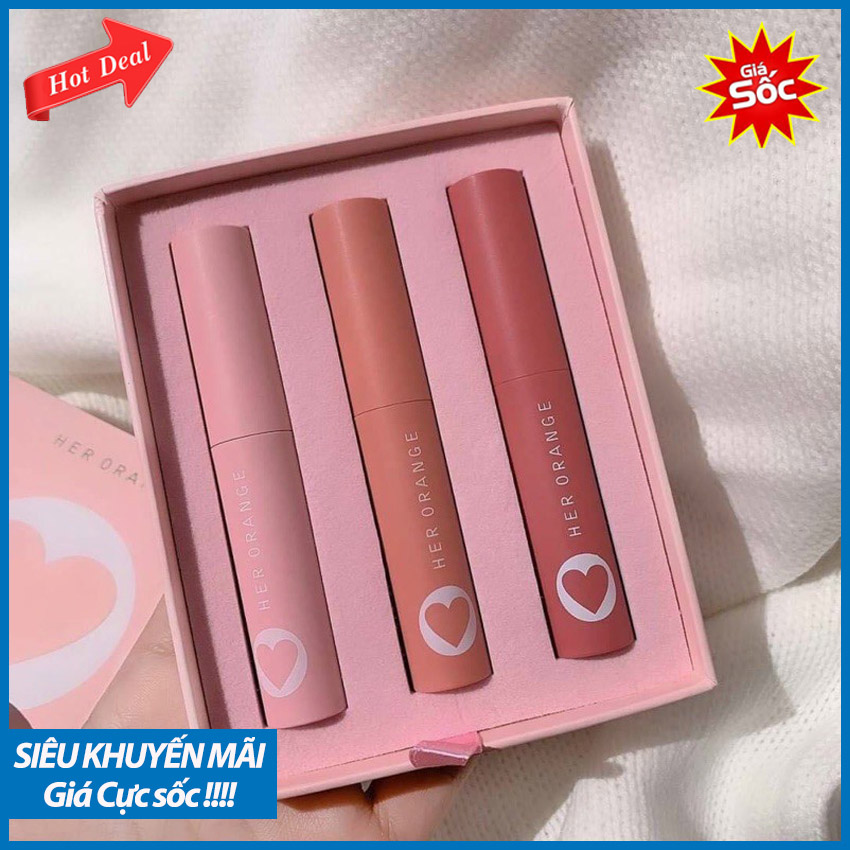 Set 3 cây son kem lì herorange; một set có 3 cây son, chất son đẹp, mịn lì, son siêu lì, bền màu, lâu trôi, lên màu đẹp.