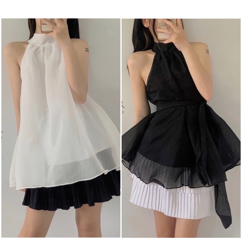 [HCM]áo cổ yếm buộc nơ voan lụa mặc 2 kiểu kèm hình thật (dây buộc là dây rời)