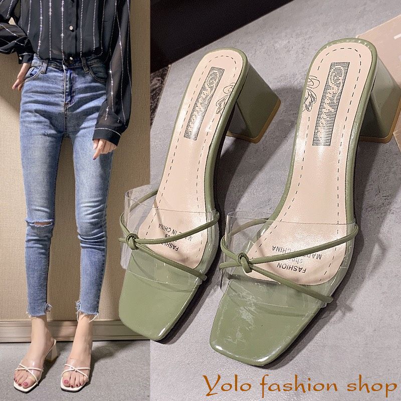 [Hoàn tiền 15%]XẢ HÀNG_Dép cao gót nữ phối mica 5cm gót vuông hàng Quảng Châu cao cấp CC02