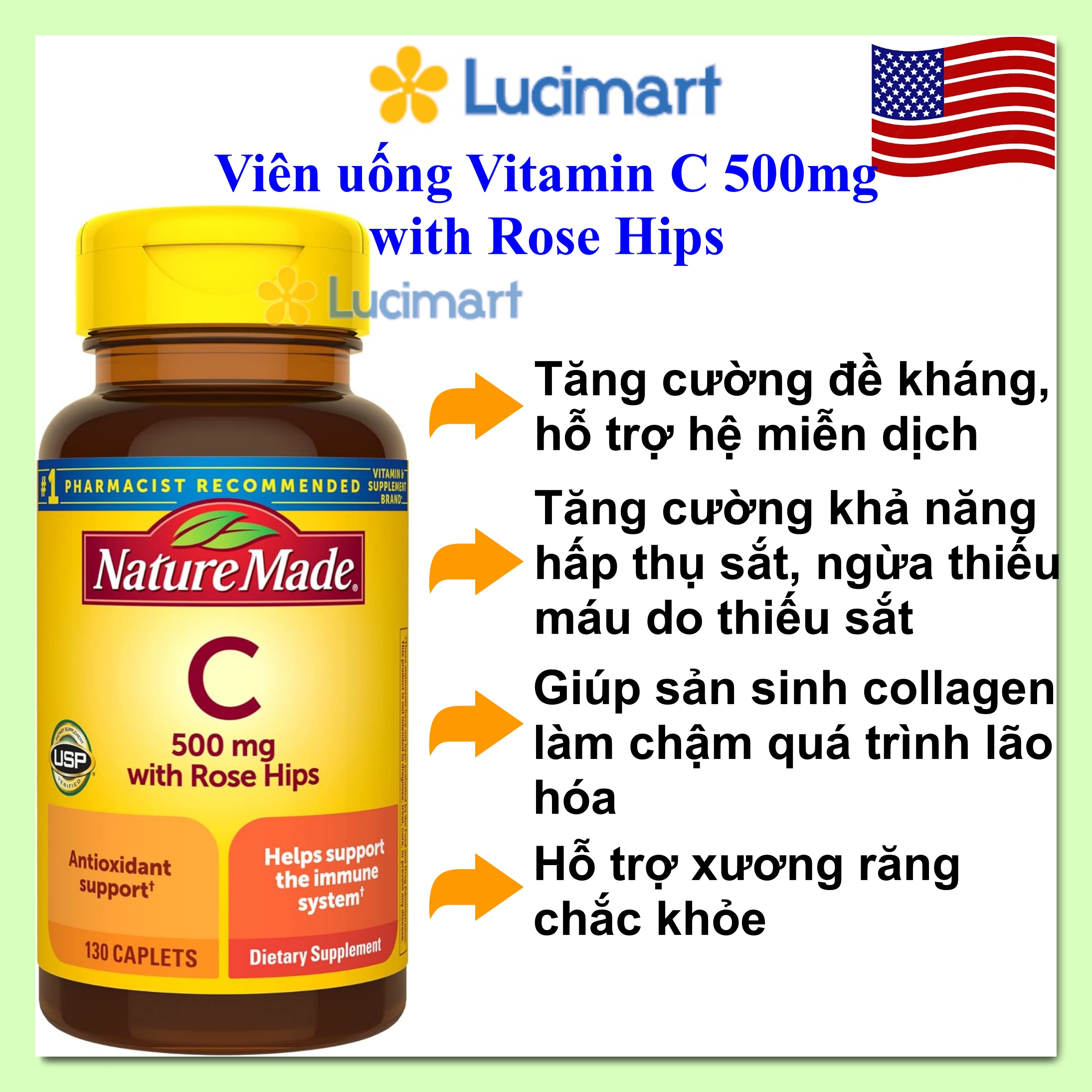 Viên uống Vitamin C 500mg with Rose Hips Nature Made hũ 130 viên [Hàng Mỹ]