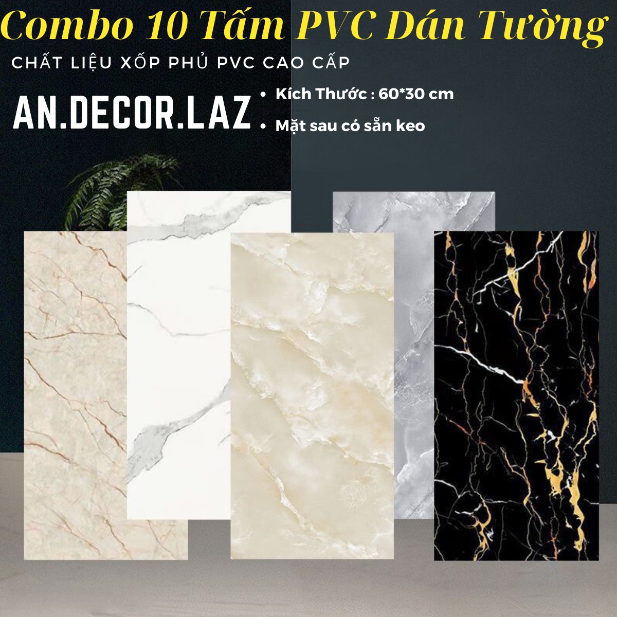 10 tấm pvc dán tường kích thước 60x30 cm mặt sau keo kèm lớp tráng nhôm cách nhiệt