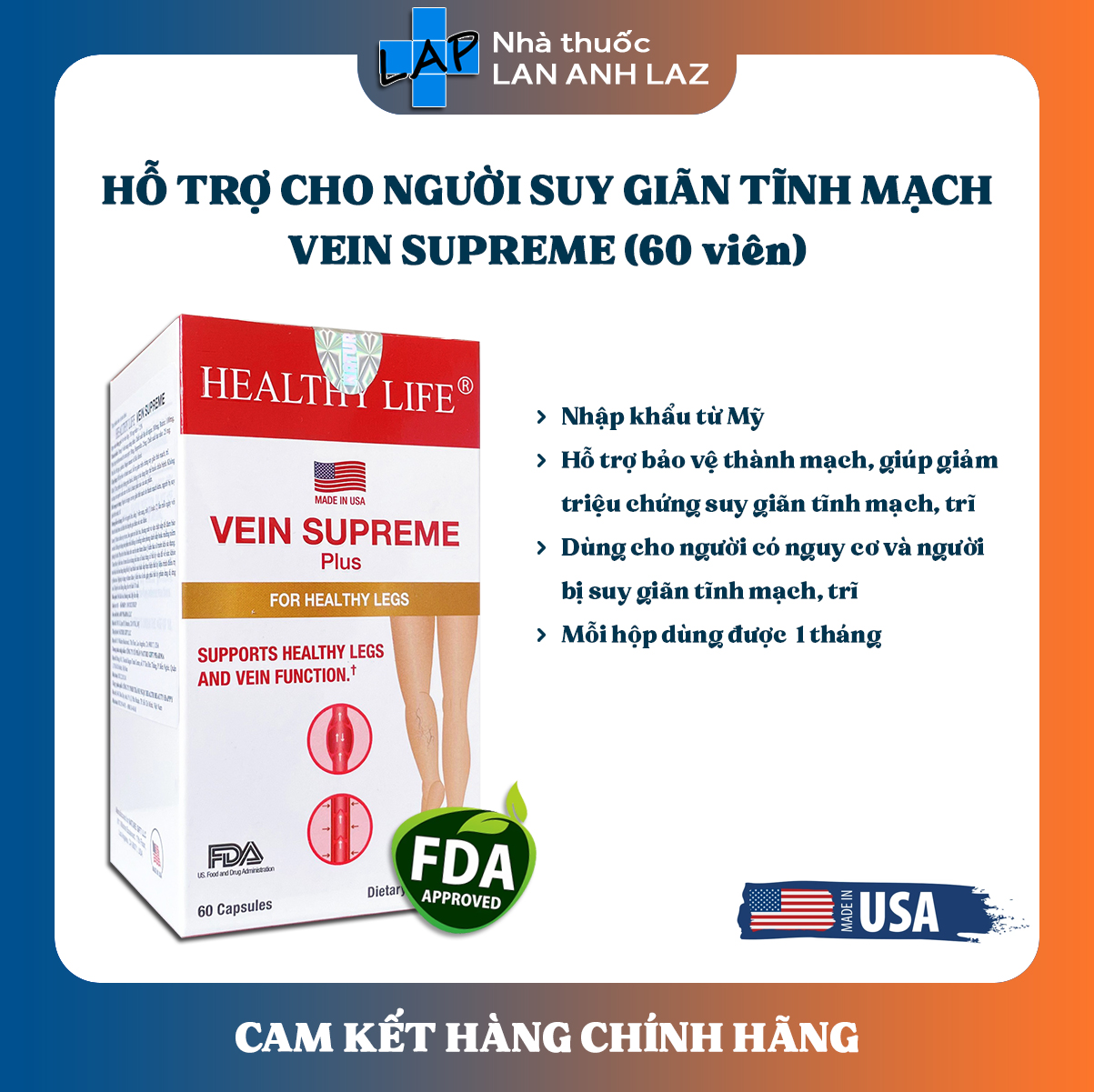 HEALTHY LIFE VEIN SUPREME (Hàng nhập khẩu) - Viên uống hỗ trợ cho người bị suy giãn tĩnh mạch, trĩ.