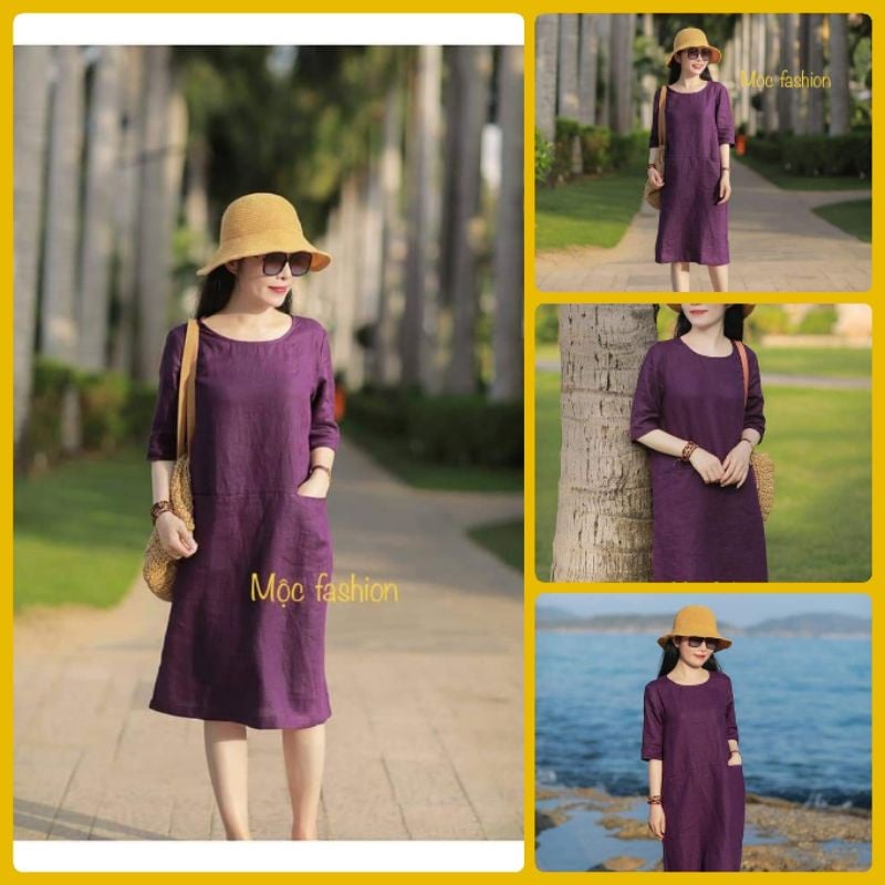 Đầm suông linen cổ tròn tay lỡ, màu tím huế đủ sz từ S đến XL