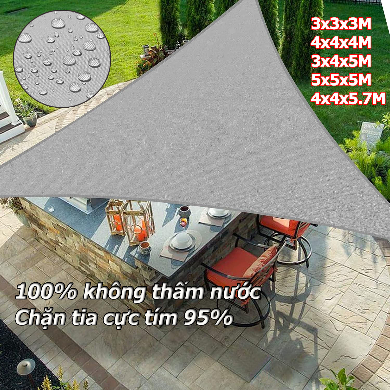 Mái hiên che nắng hình tam giác màu xám mái hiên vải hiên ngoài trời mái hiên 95% uv chặn không thấm nước vải oxford 420d bền cho sân hiên sân sau sân vườn bãi cỏ