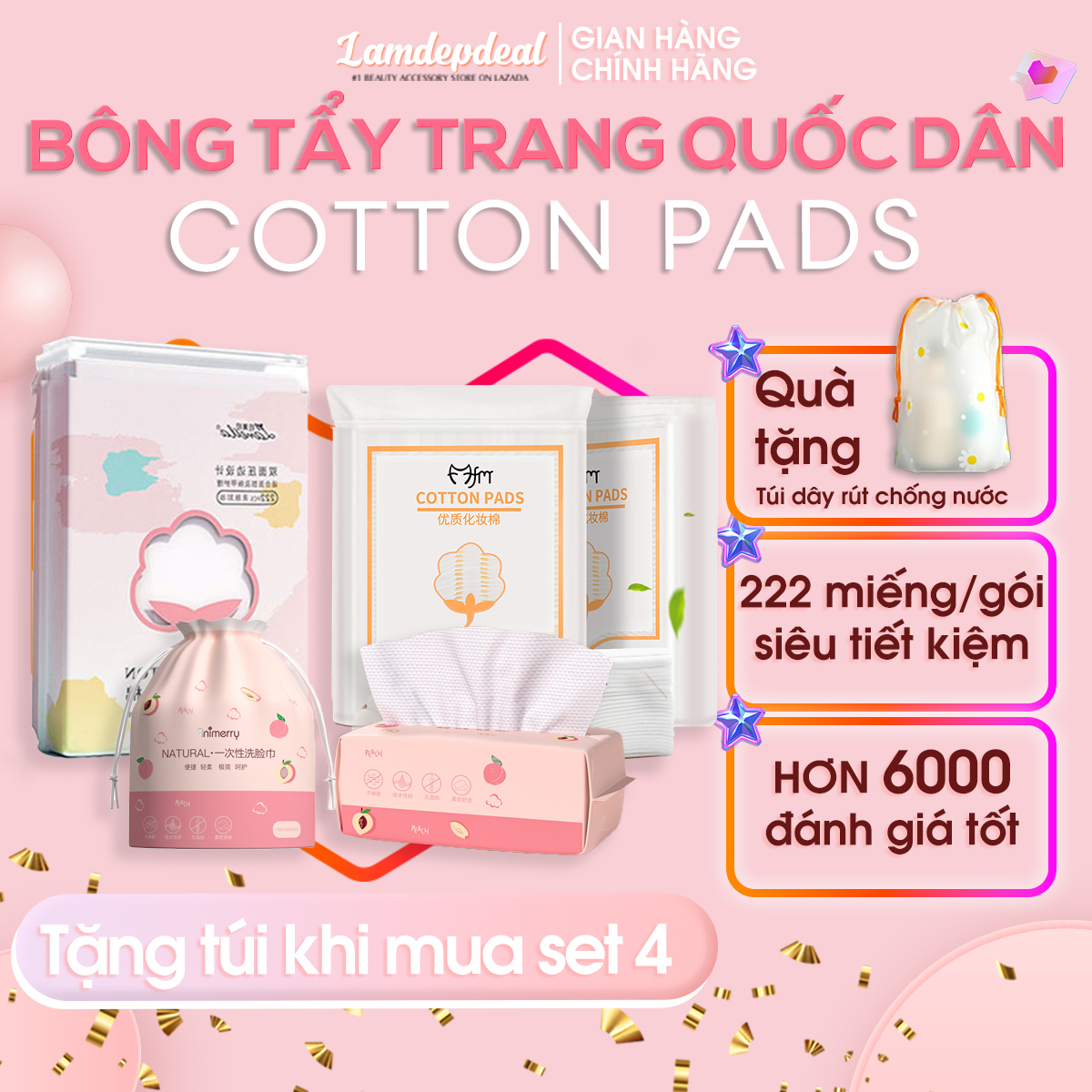 🔝CHÍNH HÃNG - Bông tẩy trang 222 miếng Magic Lady 3 lớp - 100% cotton không xơ bông thấm hút dung dịch dễ dàng thân thiện với làn da - Phụ kiện trang điểm Lamdepdeal