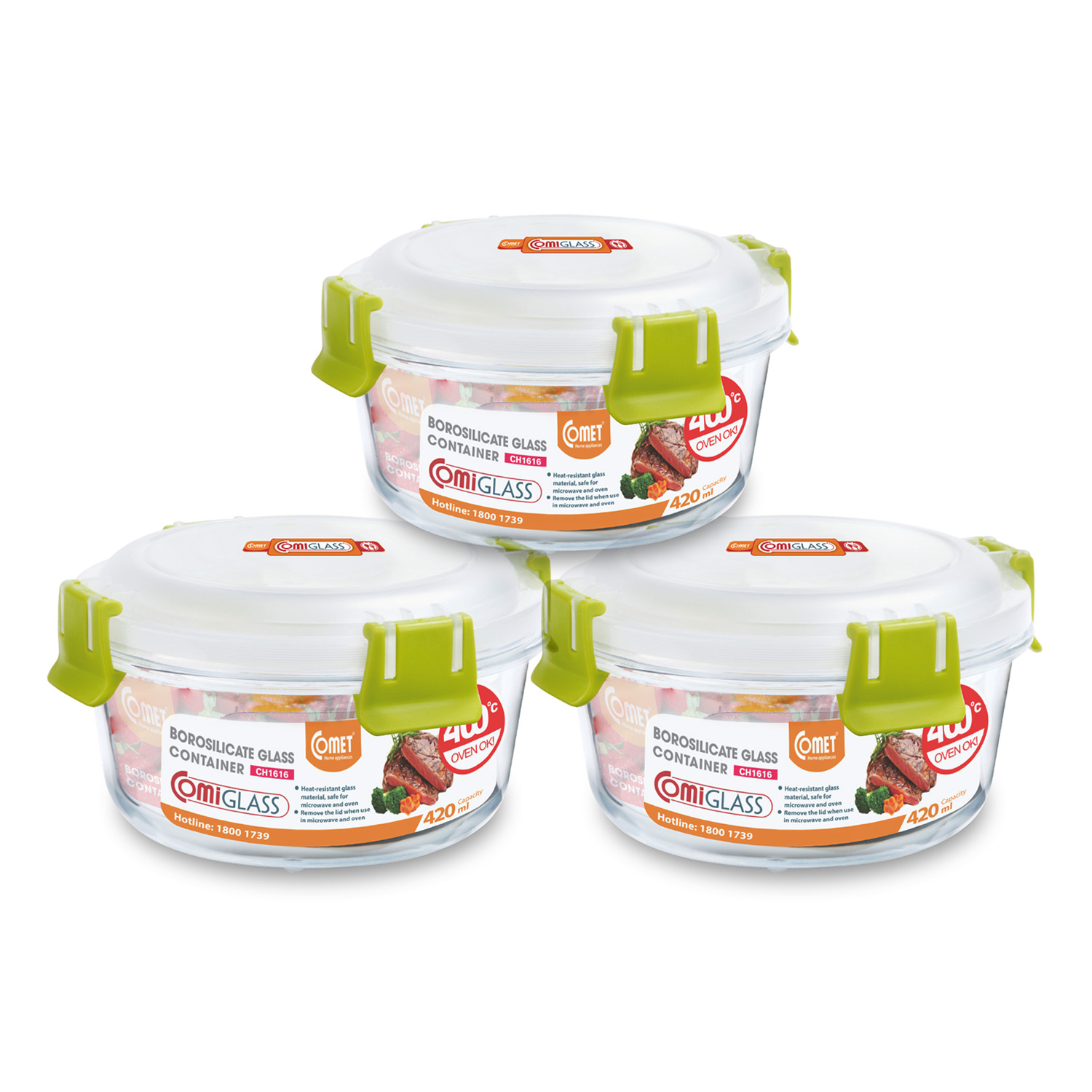 Combo 3 hộp đựng thực phẩm thủy tinh tròn 420ml COMET - 3CH1856