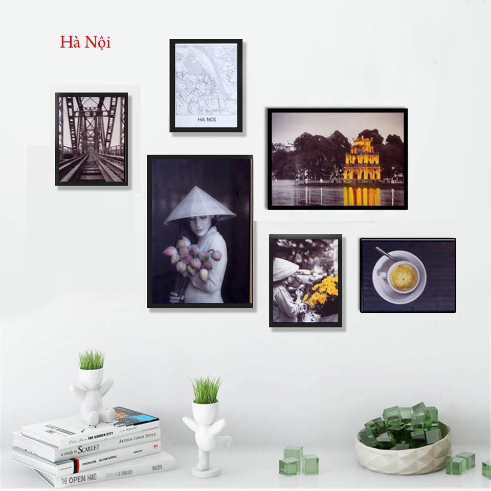 Bộ 6 khung ảnh treo tường đen trắng decor phòng chủ đề Hà Nội