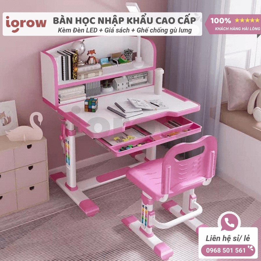Bàn học sinh có giá sách sale giá nhập tặng chống cằm + ghế + kẹp sách, bàn học cho bé giá rẻ