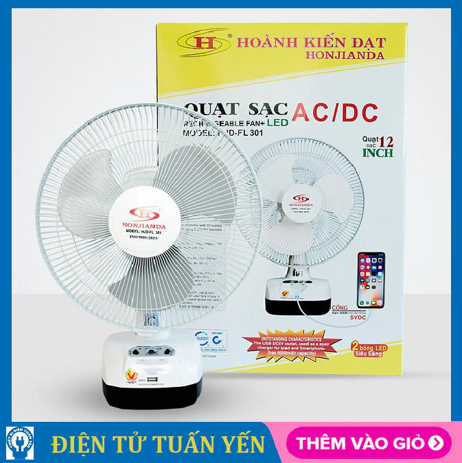 Quạt sạc tích điện Honjianda HJD-FL 301 có cổng sạc USB và đèn led dùng khi nhà mất điện - Hàng chính hãng