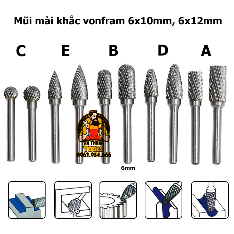 Mũi mài khắc làm lũa gỗ, kim loại bằng thép hợp kim vonfram cốt 6ly