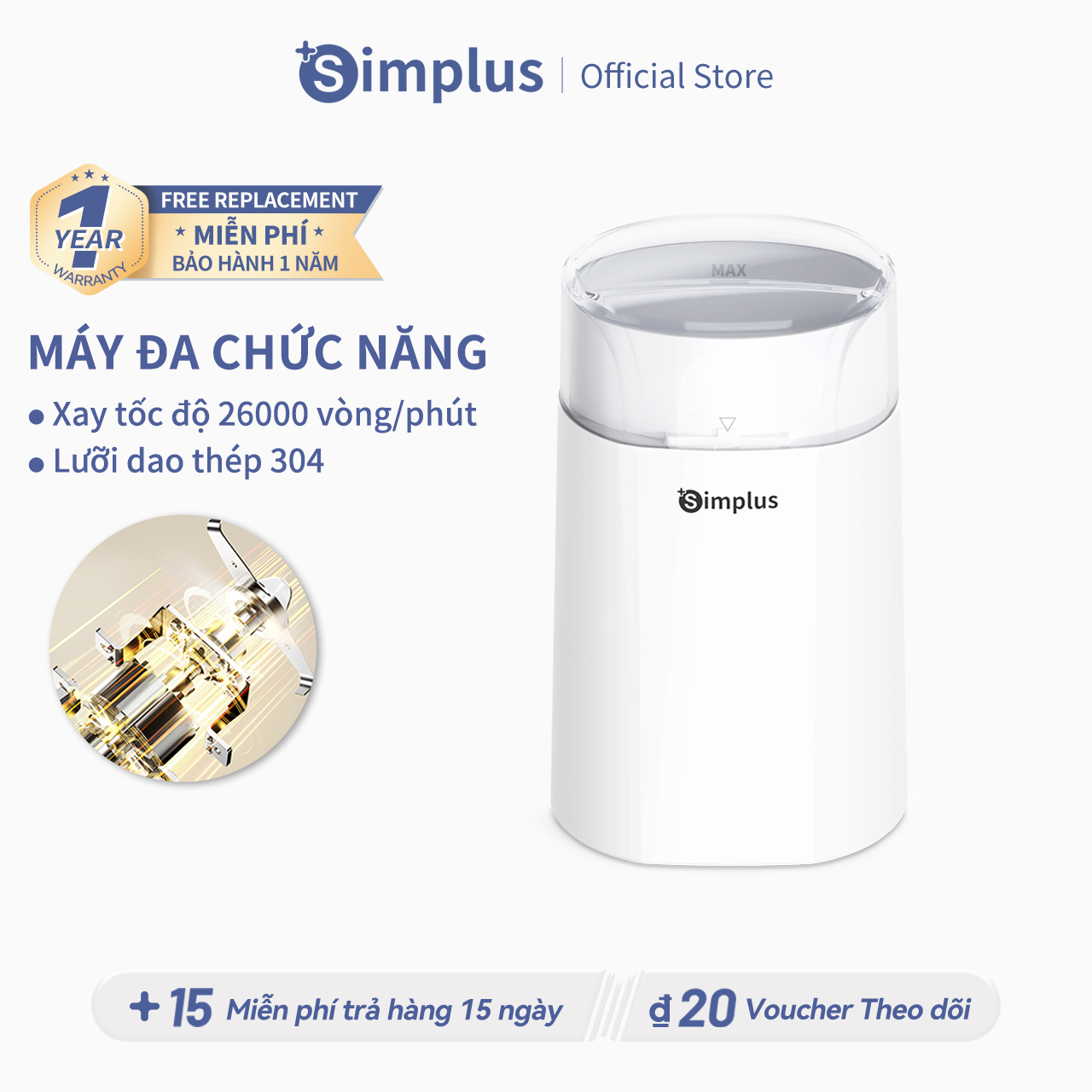 Simplus Máy xay hạt đa năng bằng điện Simplus 150W, xay gia vị, các loại hạt, hạt cà phê