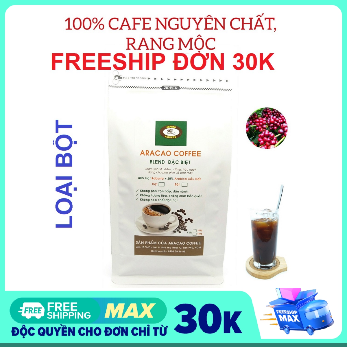Cà phê bột, cà phê nguyên chất rang mộc ARACAO COFFEE, BLEND  ĐẶC BIỆT, thơm, đậm, đắng, ngọt chua cân bằng [ Gói BỘT 500g]