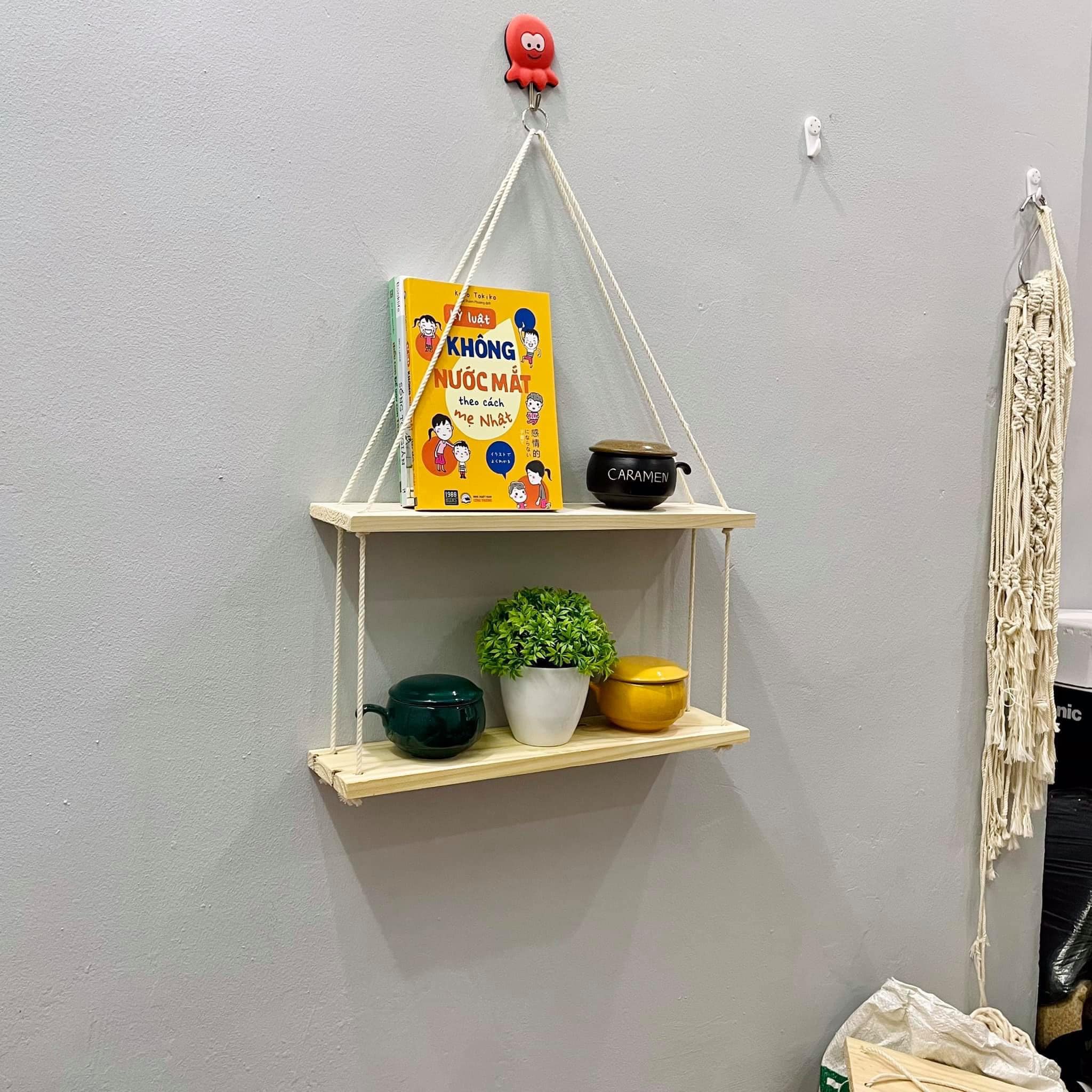 kệ gỗ treo tường trang trí dây thừng boho rustic kích thước 40x13 kệ gỗ 2 tầng