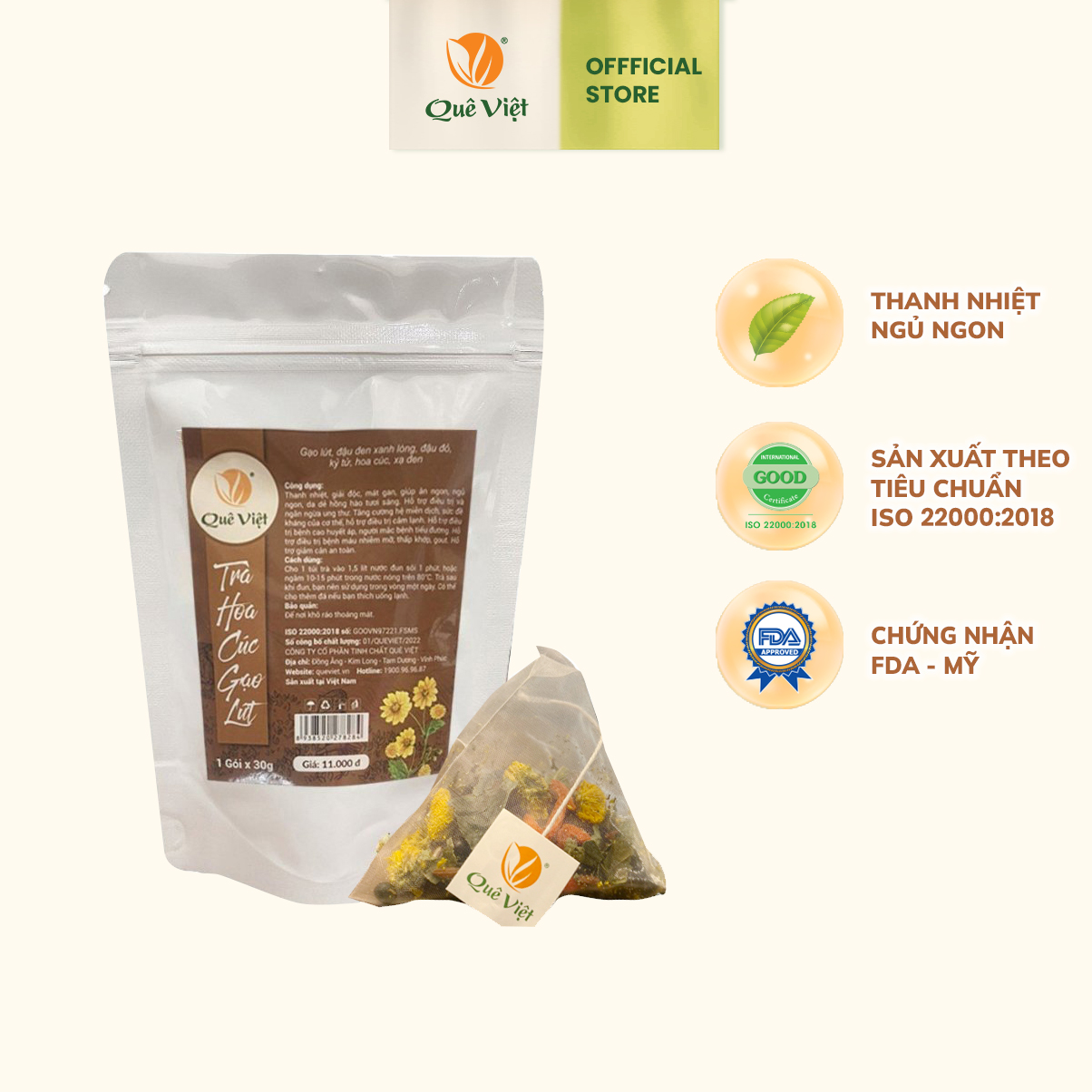 Trà hoa cúc gạo lứt Quê Việt gói 30gr - Thanh nhiệt, giải độc gan, tăng cường miễn dịch, ngăn ngừa ung thư, ngăn ngừa huyết áp cao, tiểu đường (gói 30g)