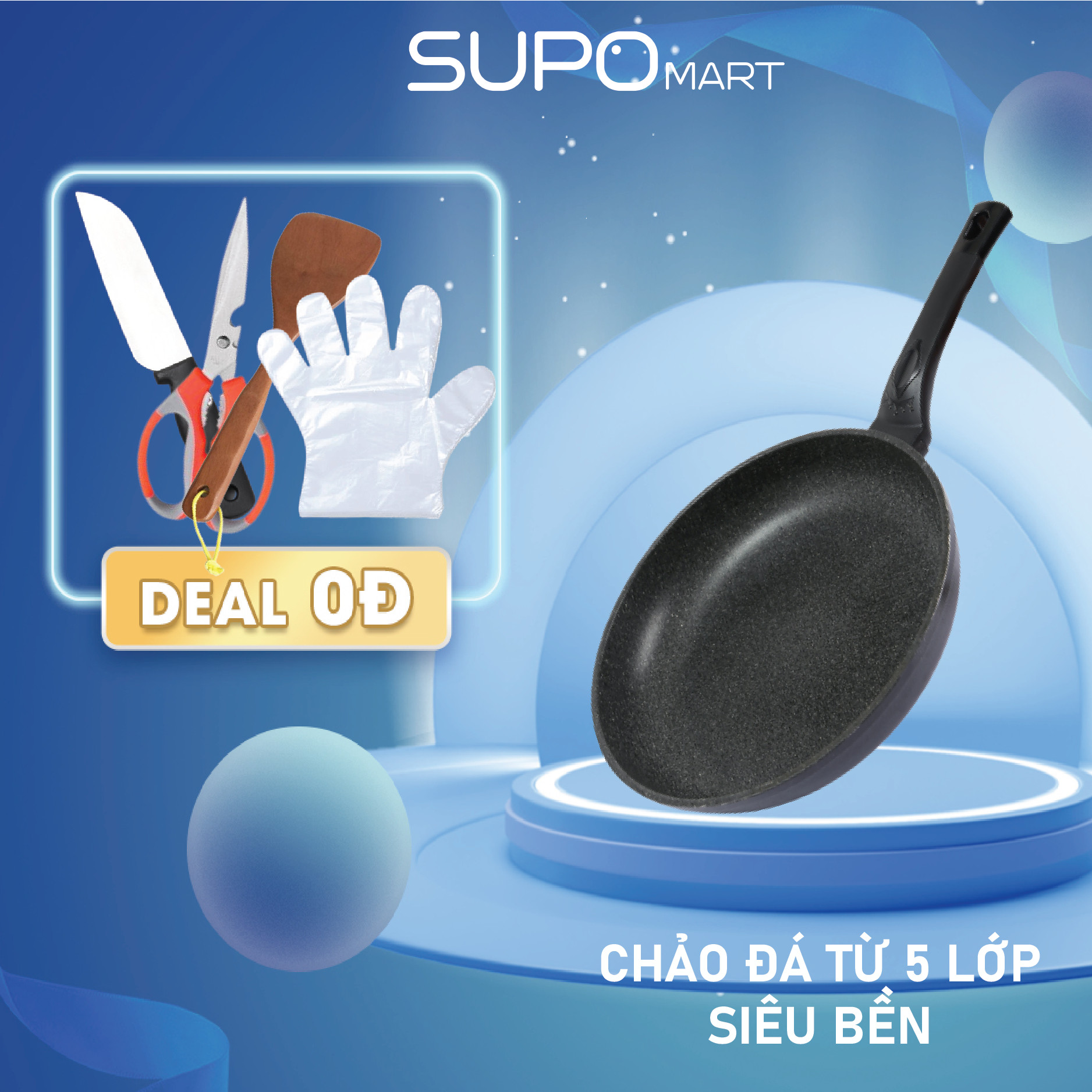 Chảo đá từ chống dính SUPOMart 30cm, Chảo từ chống dính vân đá 5 lớp nguyên khối dày dặn