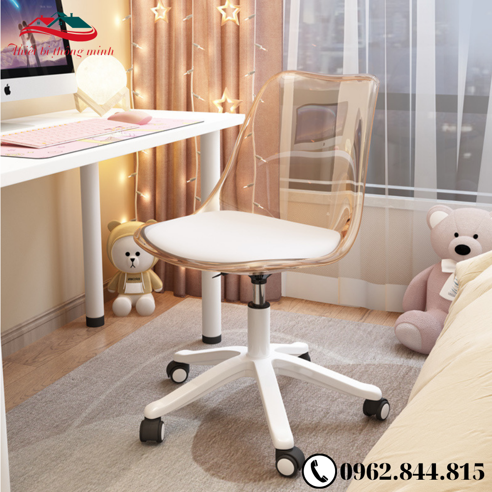 Ghế xoay nhựa trong suốt có đệm, ghế xoay văn phòng nệm bọc simili cao cấp chân nhựa xoay làm việc, ghế trong suốt phòng ngủ decor phòng