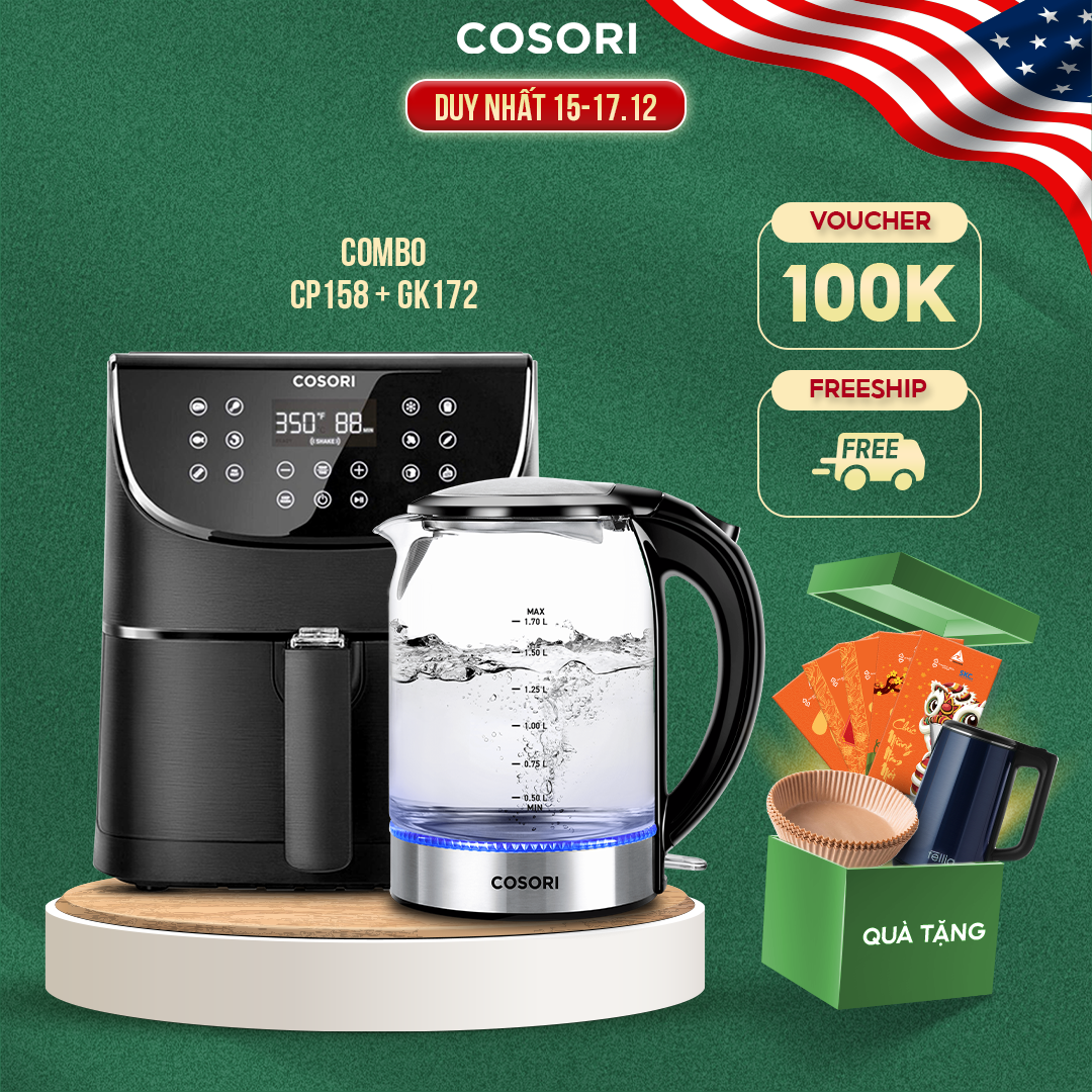 COMBO Nồi chiên không dầu Cosori CP158 màu đen - 11 chế độ nấu ăn được thiết lập sẵn - Nhắc nhở lắc/lật thực phẩm - Chức năng tự động tắt và giữ ấm và Bình ấm đun siêu tốc Cosori GK172-CO 1.7L