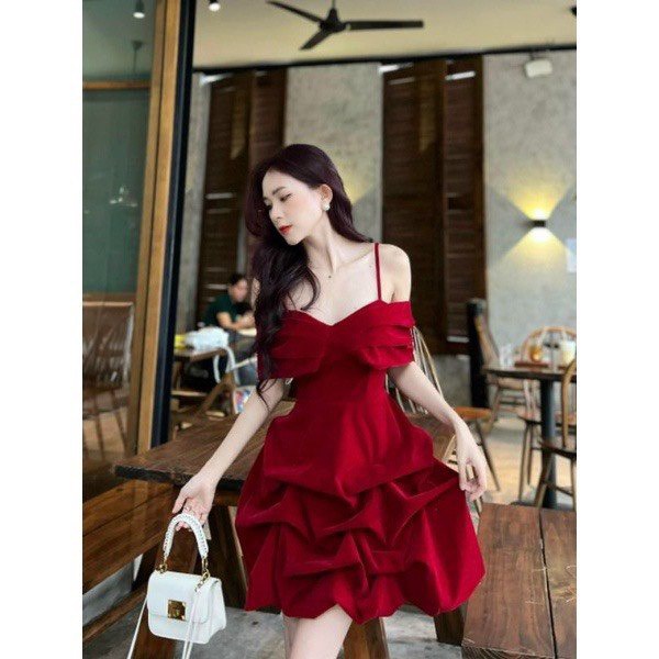 Đầm nhung đỏ bẹt vai cao cấp - MIRA Dress