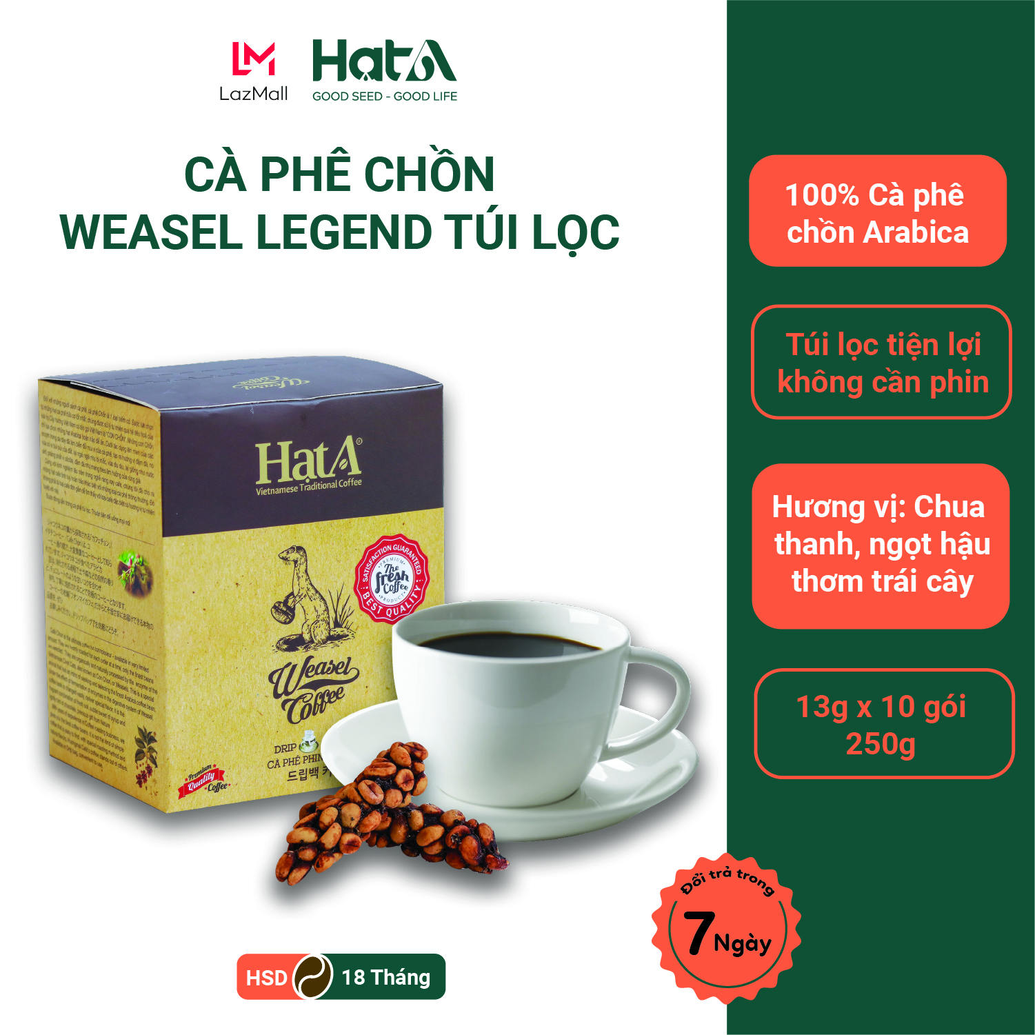 Cà Phê Chồn Túi Lọc Cao Cấp Hạt A Cafe Weaseal Legend Coffee Drip Nguyên Chất 100%, Phin Giấy Tiện Lợi, Tiết Kiệm Thời Gian - 130g/ 10 Gói