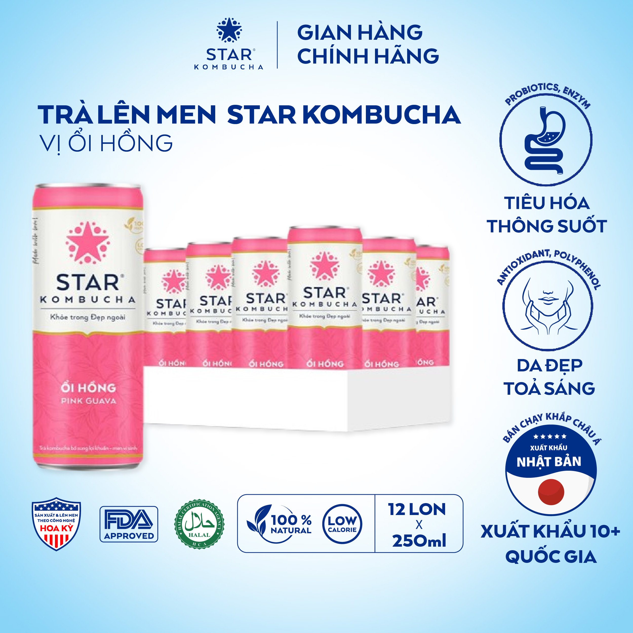  Thùng 12 lon trà STAR KOMBUCHA Ổi Hồng   Pink Guava  250ml lon  - Trà lên men vi sinh chứa probiotics giúp bảo vệ sức khoẻ thanh lọc toàn diện tăng đề kháng dùng cho mọi lứa tuổi Chứng Nhận FDA tiêu chuẩn Mỹ 