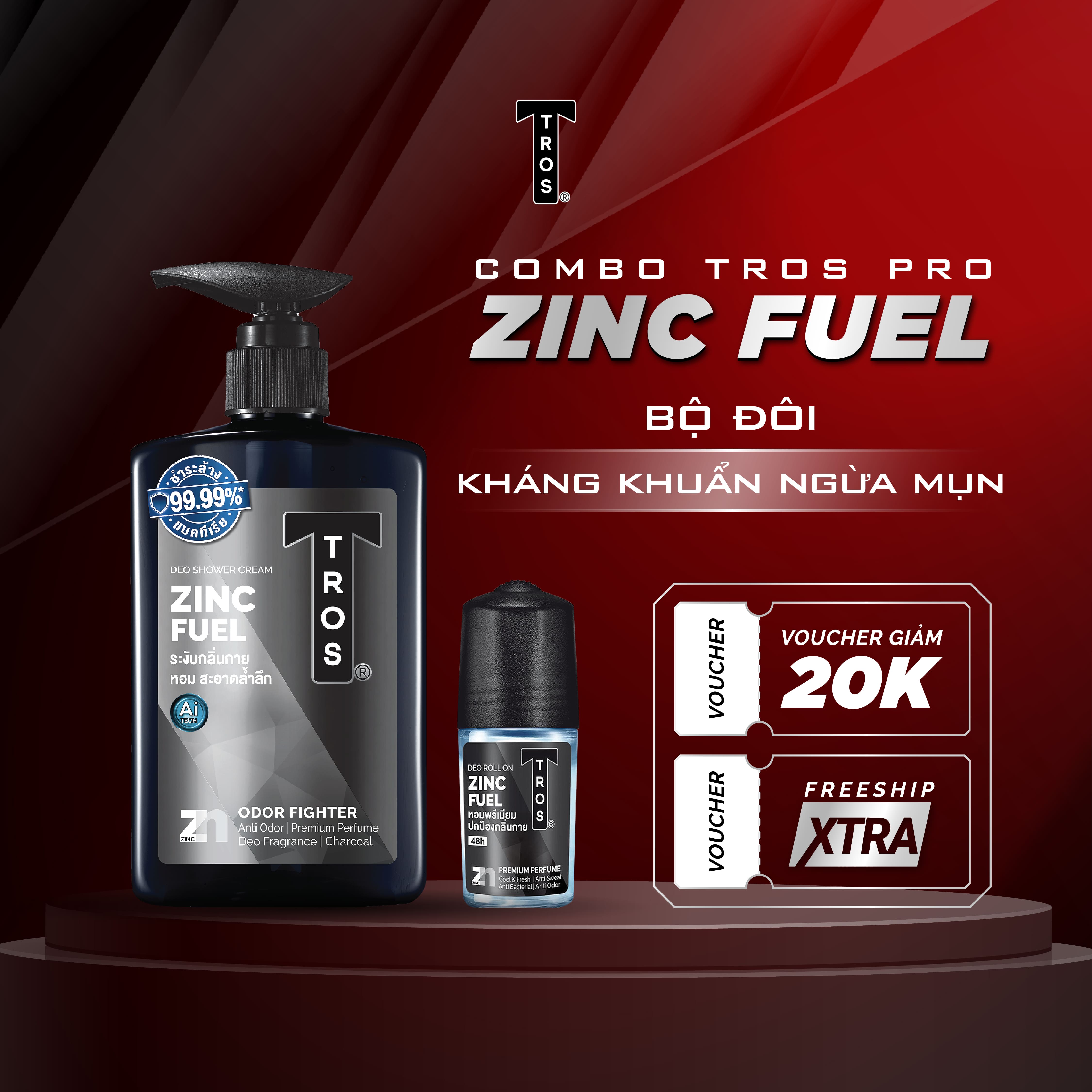Combo kháng khuẩn ngăn mụn TROS ZinC Fuel hương nước hoa, sạch sâu, loại bỏ dầu nhờn và bụi bẩn, ngăn ngừa mụn Thái Lan