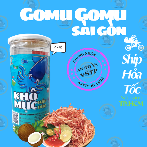 Khô mực xé sợi hấp nước dừa, hũ pet 250g Gomu Gomu đồ ăn vặt Sài Gòn