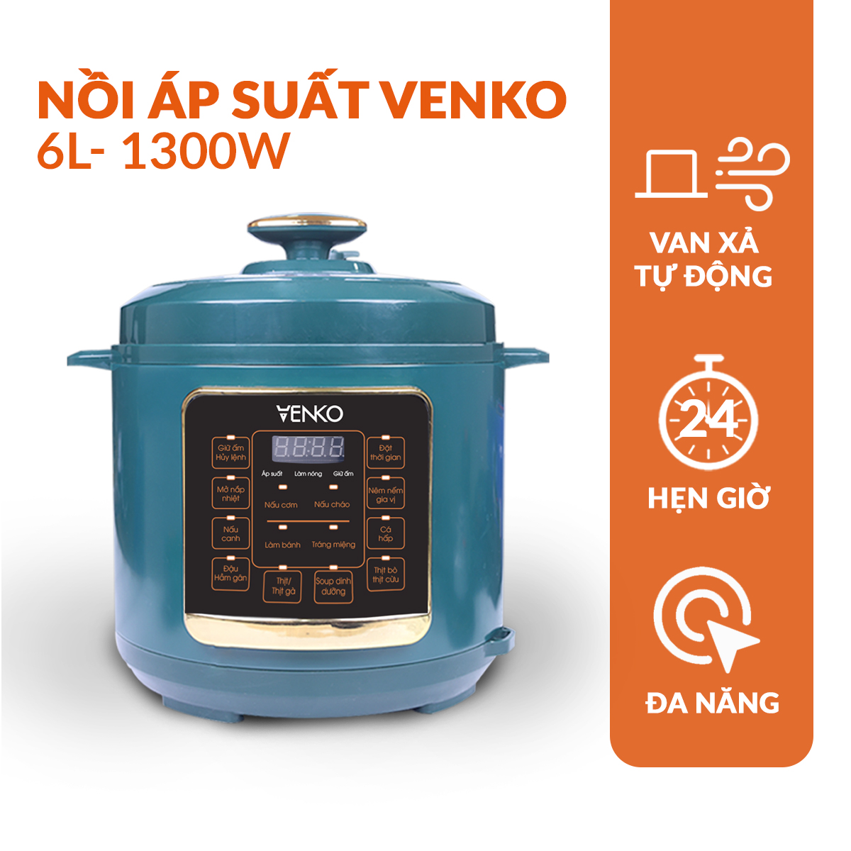 Nồi áp suất điện VENKO - Nồi nấu đa năng - Nồi hầm - Nồi lẩu điện - Công suất 1300W - Dung tích 6L - Bảng điều khiển tiếng Việt