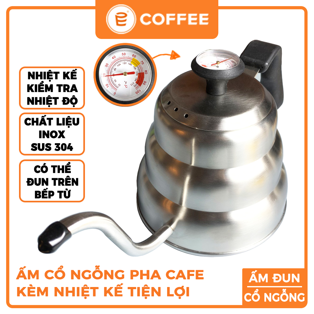 Ấm pha drip cổ ngỗng pha trà cà phê V60 có nhiệt kế tiện lợi 1L và 1.2L, chất liệu thép không gỉ đun được trên bếp từ
