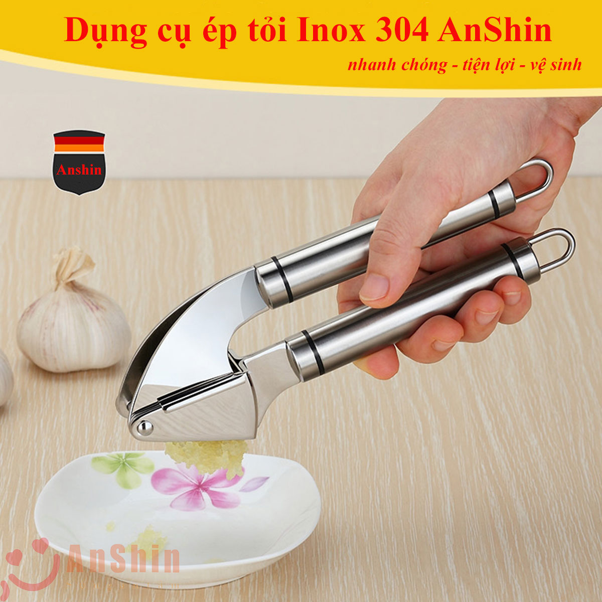 Dụng cụ ép tỏi cầm tay Inox 304 Anshin - hàng cao cấp bảo hành trọn đời không han gỉ