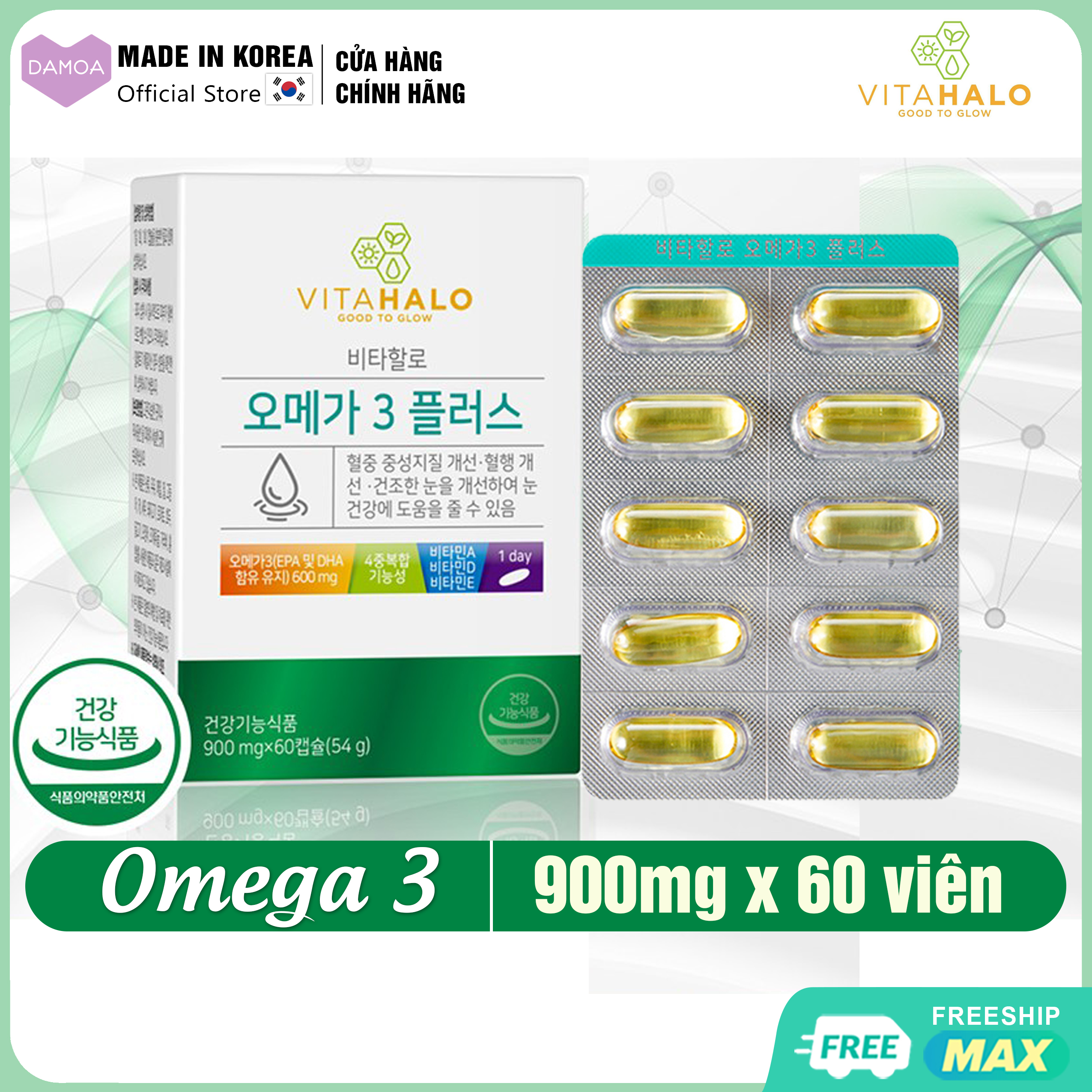 Hộp 60 Viên uống Dầu cá OMEGA-3, EPA, DHA Vitahalo Hàn Quốc - Bồi bổ Sức khỏe Tim mạch, Xương khớp, Thị lực (Uống 2 tháng)