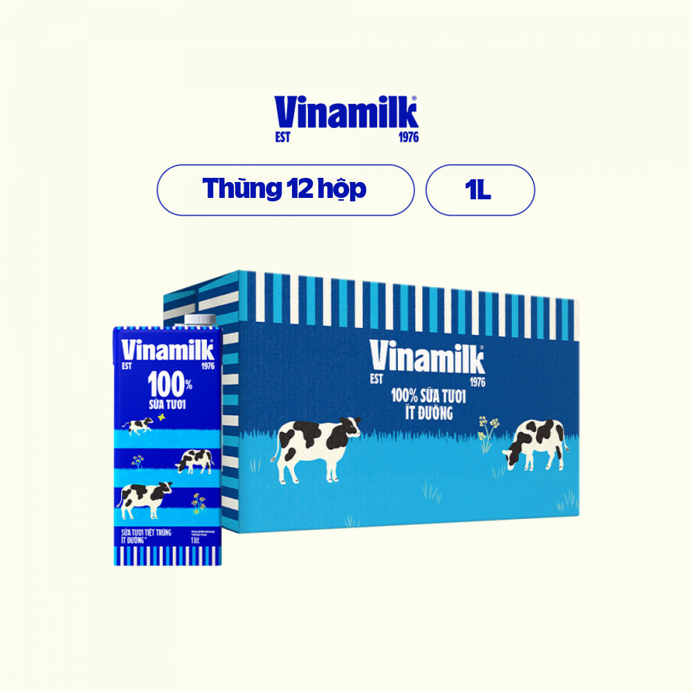 Thùng 12 hộp Sữa tươi tiệt trùng Vinamilk 100 ít đường Hộp giấy 1L