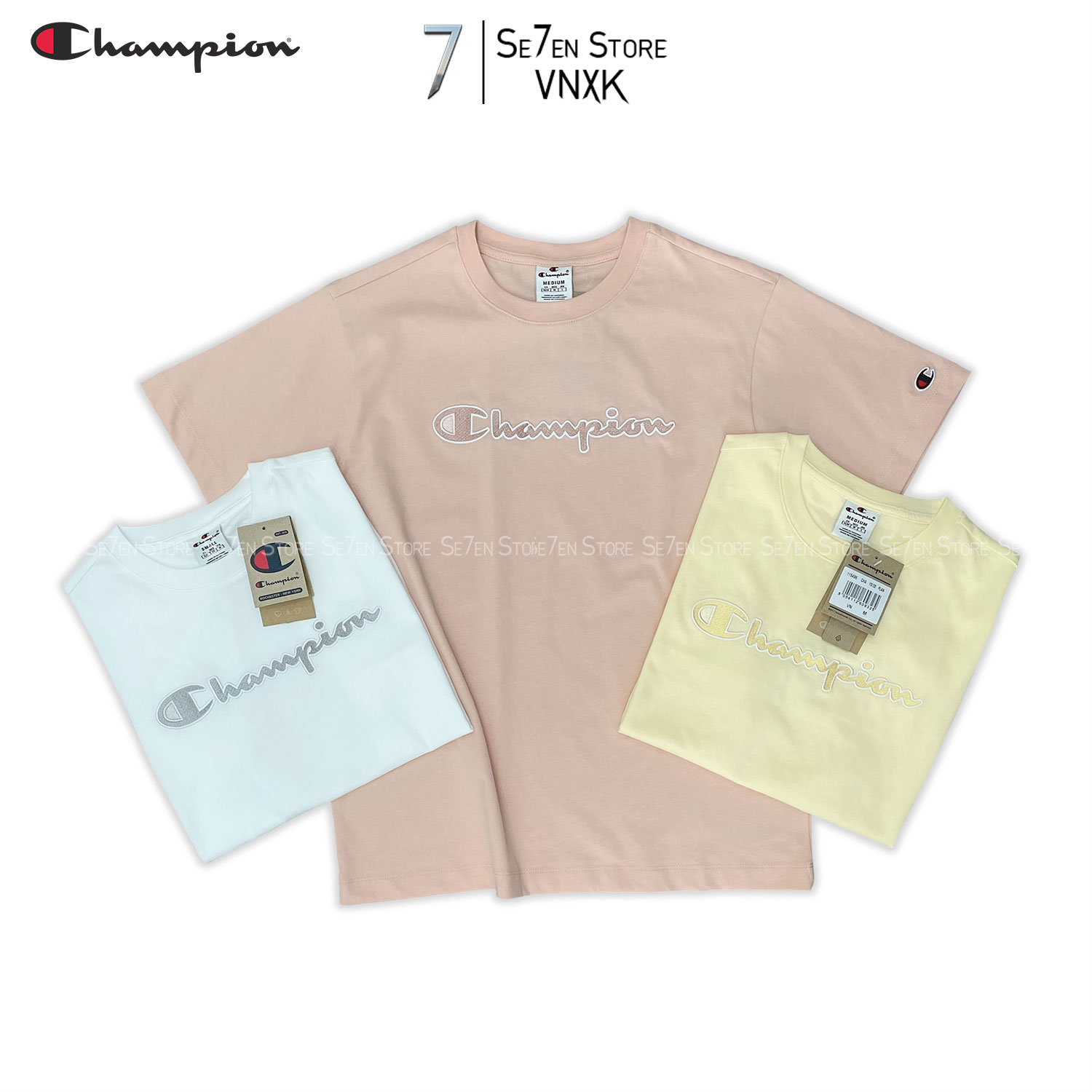 Áo thun tay lỡ Champion, Tee Champion cho nữ form rộng thêu logo thời trang Fulltag