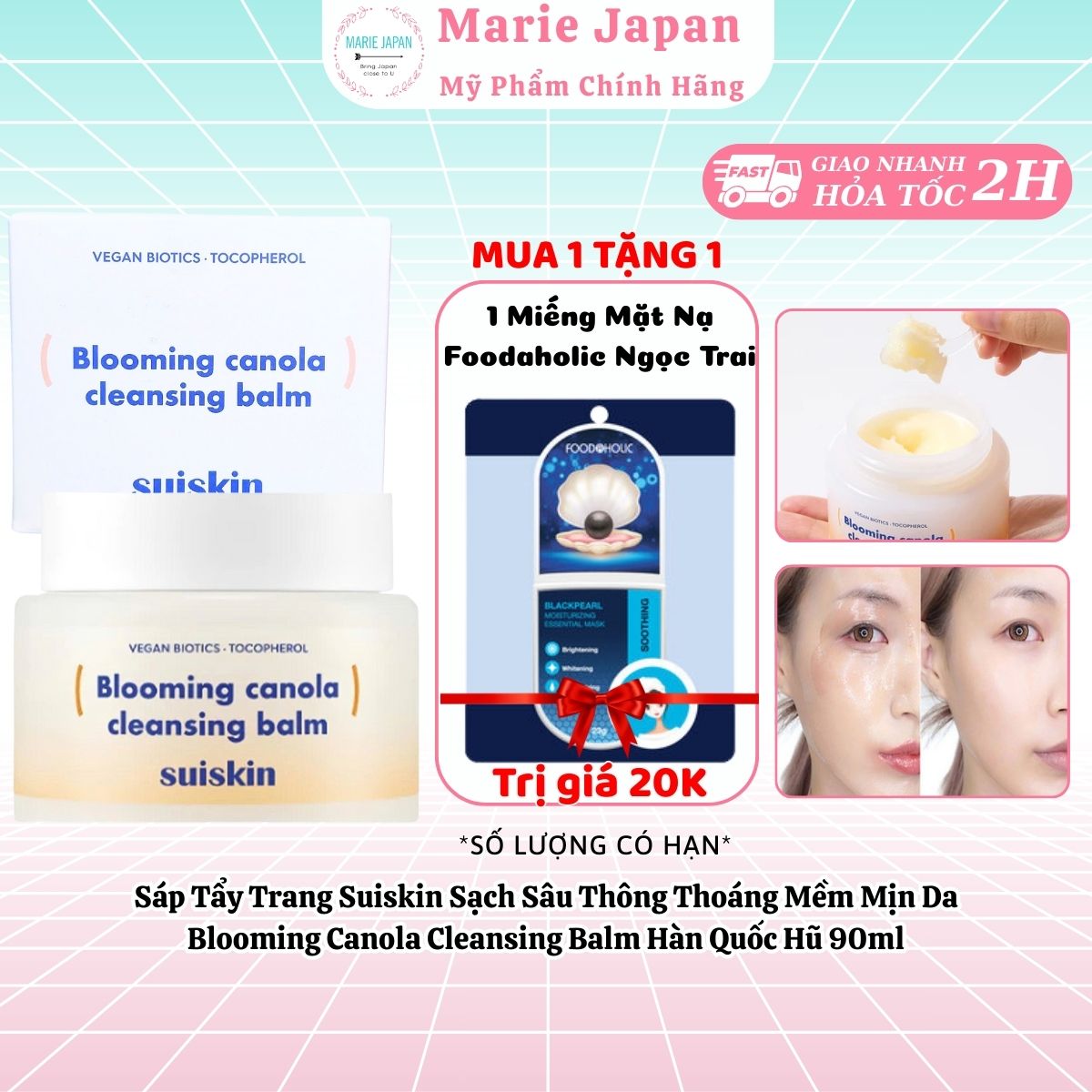 Suiskin Deep Cleansing Makeup Remover Wax Effectively Removes Sebum and Dirt Blooming Canola Cleansing Balm Korean 90ml Jar - Free 1 Foodaholic Mask