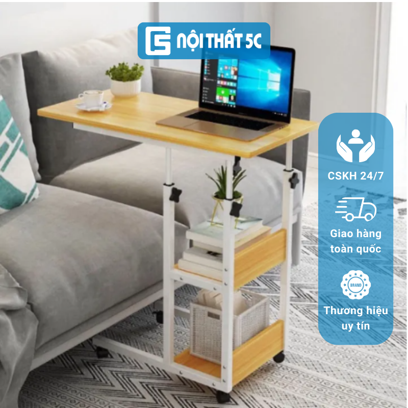 Bàn làm việc thông minh đa năng nâng hạ chiều cao, bàn học di động có bánh xe di chuyển thông minh kích thước 80x40cm, bàn gỗ chân sắt có giá sách