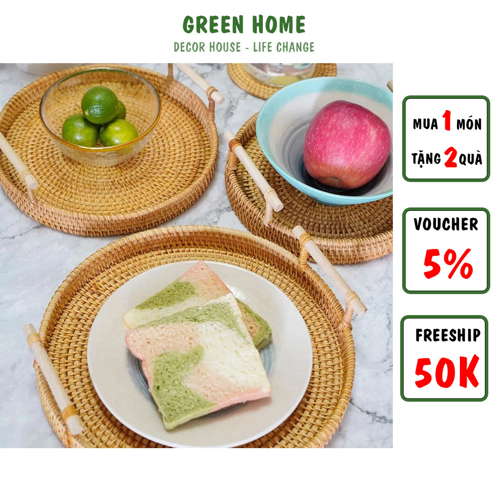 Khay mây hình tròn có tay cầm , Khay trưng bày món ăn , decor, chụp hình, phụ kiện bàn ăn - khay decor - Hàng Việt Nam gia công - Đa dạng kích thước - Khay đựng đồ
