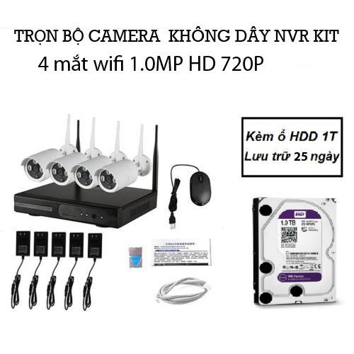 Trọn bộ đầu ghi nvr kit wifi 4 mắt camera wifi 1.0m 720p kèm ổ hdd 1t