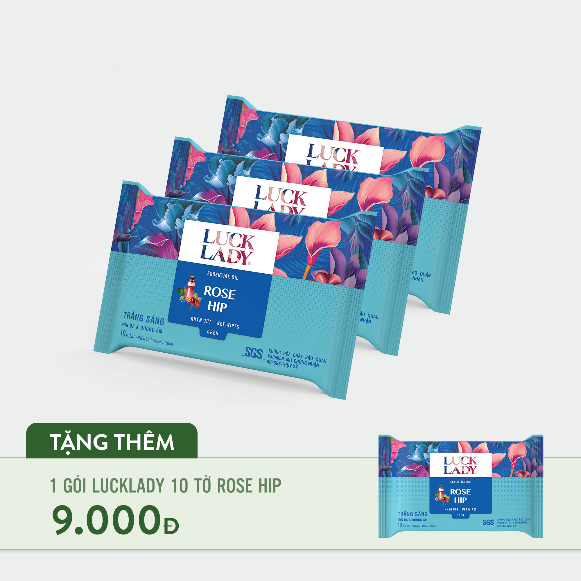 Combo 3 gói khăn ướt Luck Lady Rose Hip 10 tờ tặng kèm 1 gói cùng loại