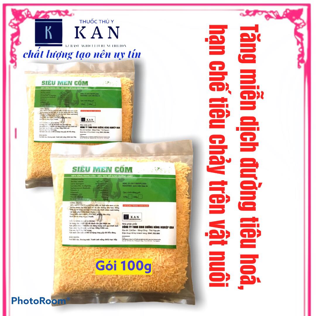 Siêu men cốm tăng cường miễn dịch, hạn chế tiêu chảy cho thú cưng và gia súc gia cầm. Dạng cốm siêu tan gói 100g