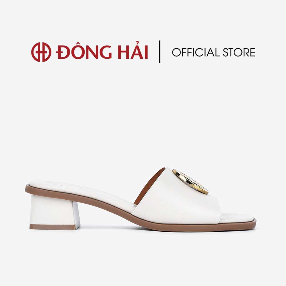 Dép cao gót nữ đông hải quai ngang đính logo đễ vuông 5cm - d32c7