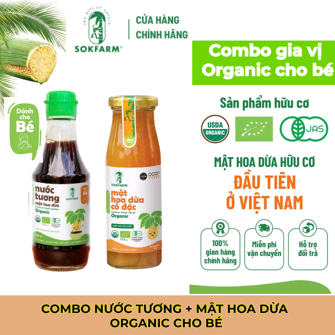 [COMBO GIA VỊ ORGANIC CHO BÉ] Nước Tương, Đường, Mật hoa dừa Organic Sokfarm nguyên chất 100% chuẩn Organic, vị ngọt thanh - Dùng cho bé từ 8 tháng tuổi
