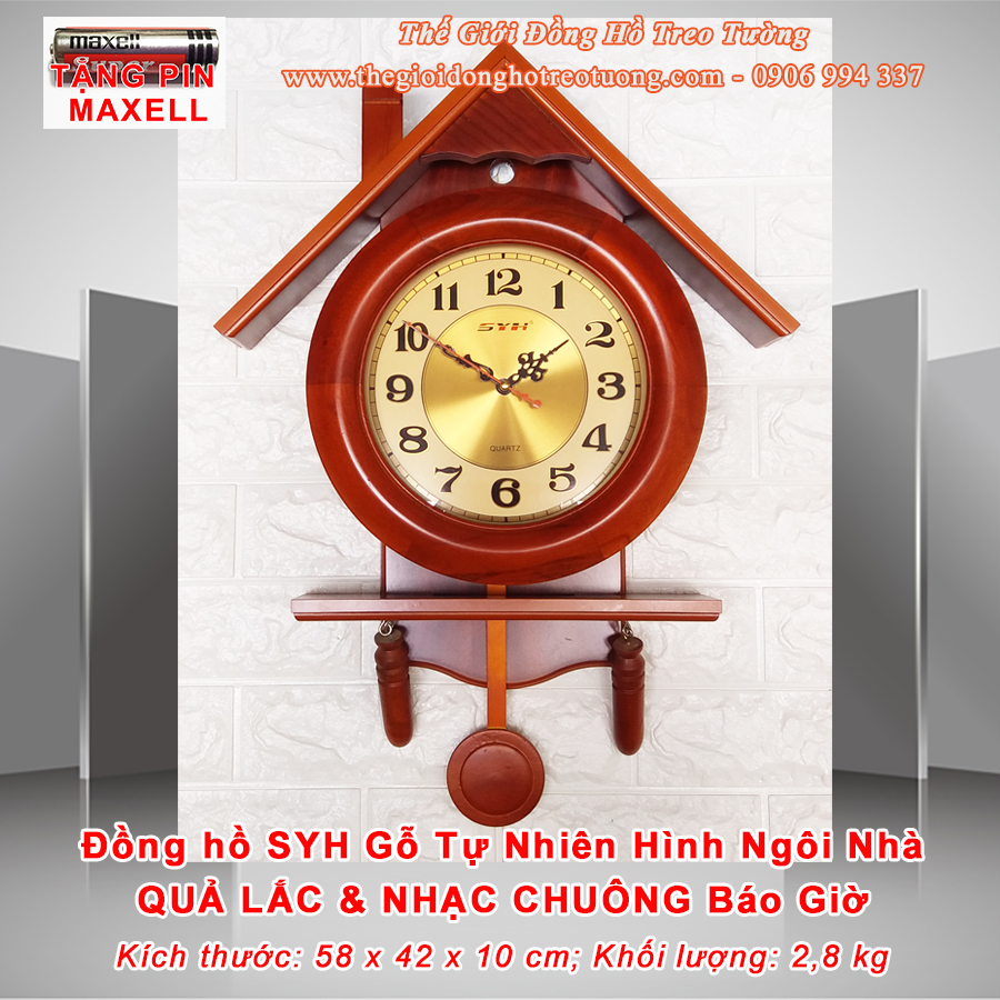 Đồng Hồ Treo Tường QUẢ LẮC và NHẠC CHUÔNG Báo Giờ bằng GỖ Tự Nhiên hình NGÔI NHÀ SYH - Tặng Pin Maxell – Bảo Hành 1 Năm