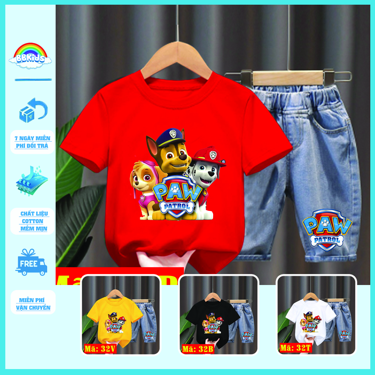 Đồ Bộ Cho Bé BB Kids - Quần Áo Bé Trai Bé Gái In Hình Chú Chó Cứu Hộ (1) Cho Bé 0-10 Tuổi (8-35kg) Chất Cotton Mềm Mịn
