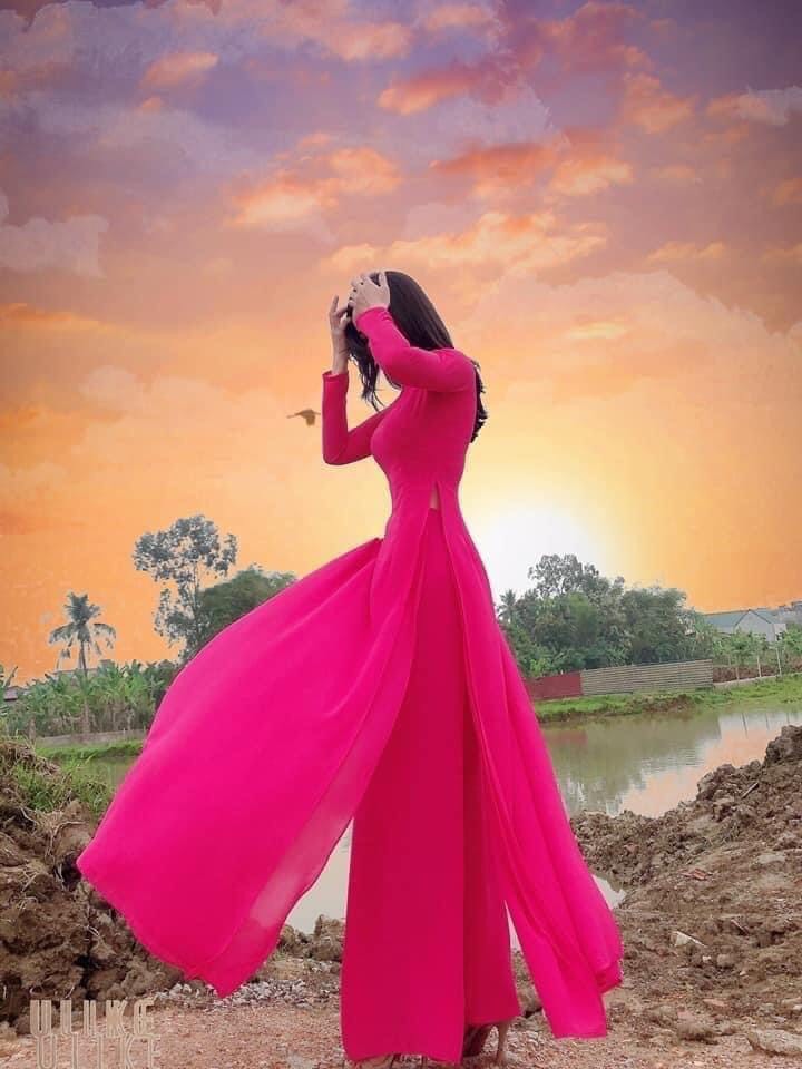 Bộ áo dài chifon 4 tà màu hồng sen