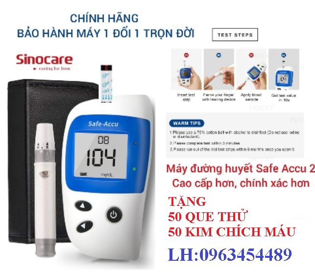 Máy đo đường huyết Sinocare Safe-Accu 2 tặng kèm 50 test thử + 50 kim chích máu